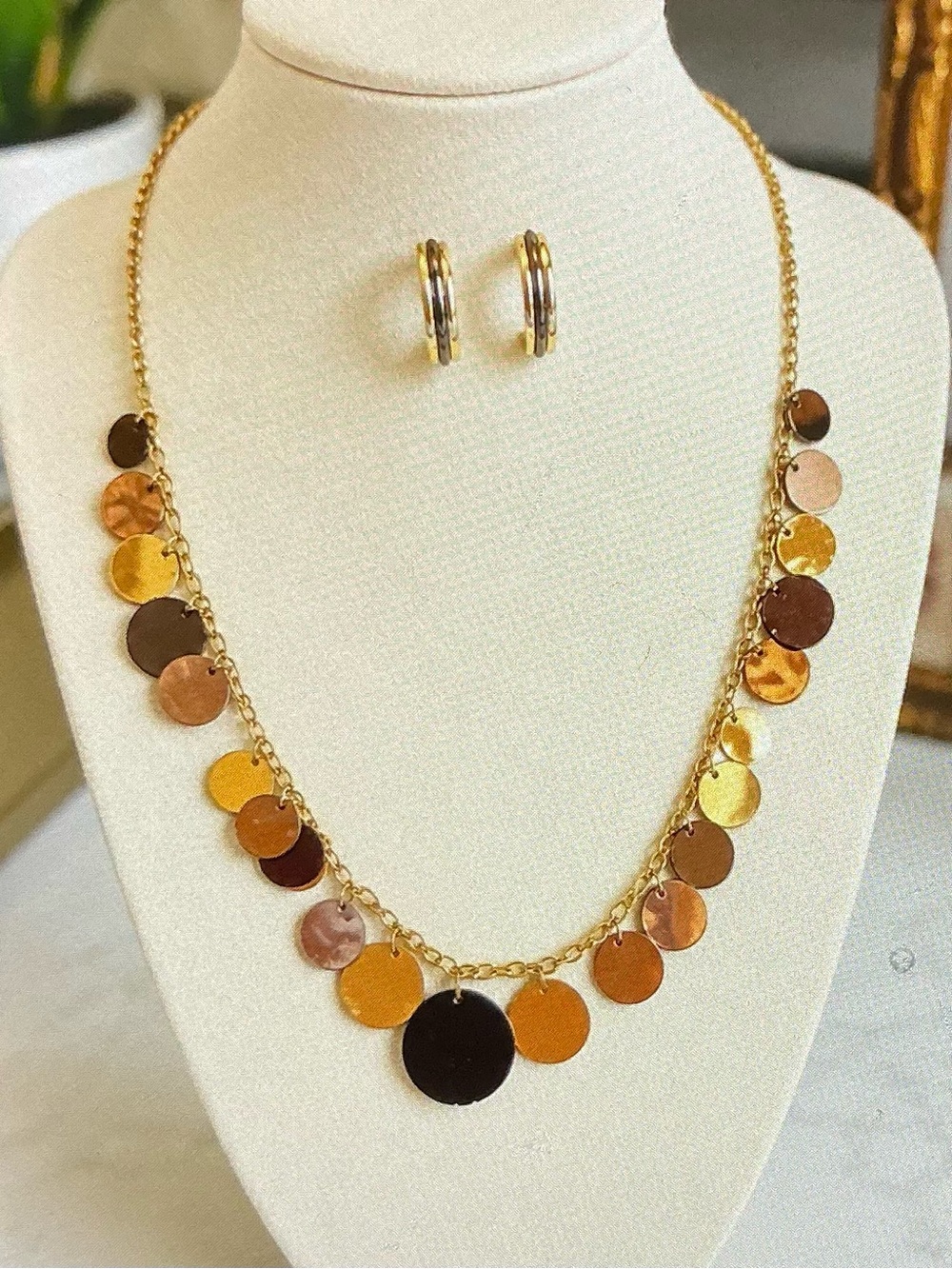 Gold Multi-Tone Disc Necklace and Hoop Earring Set